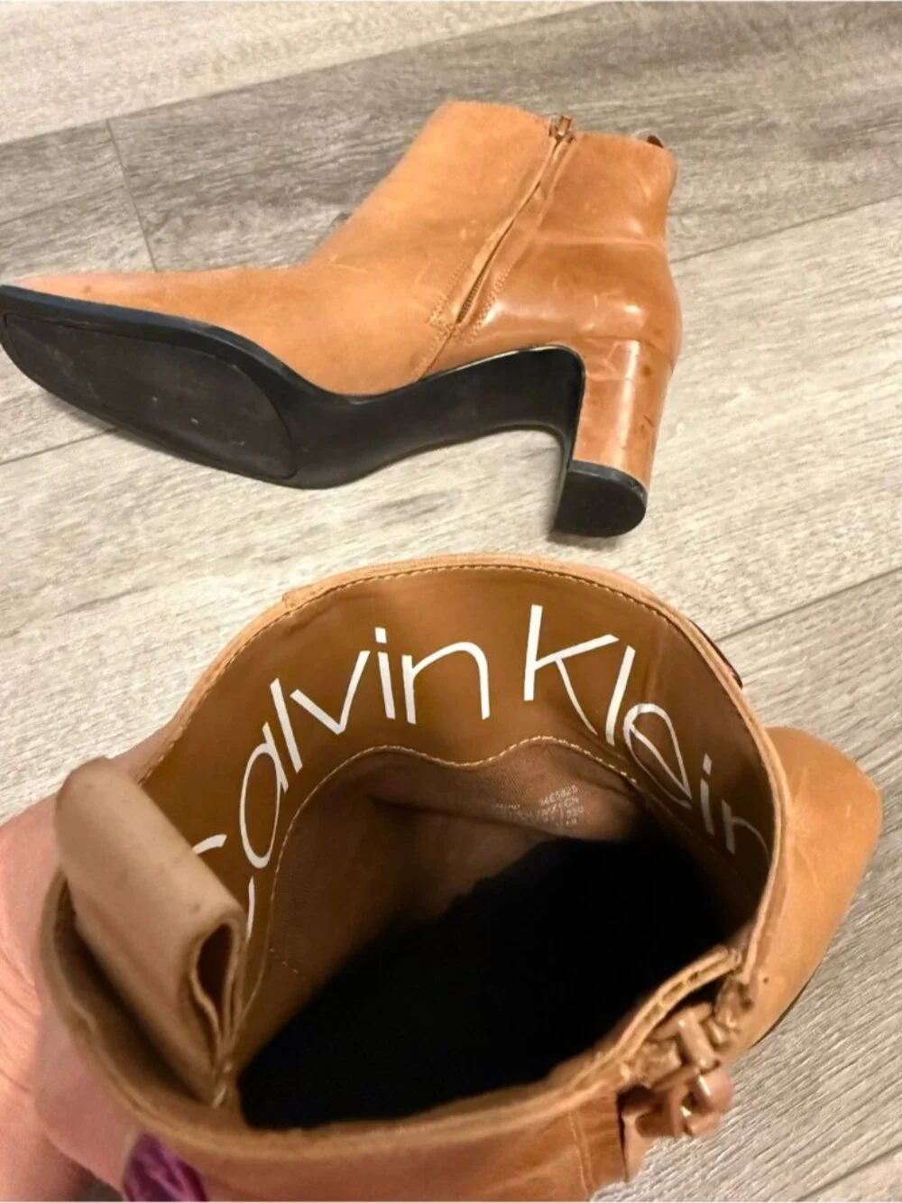 Calvin Klein Cognac Leather Ankle Booties with Block Heel size 10